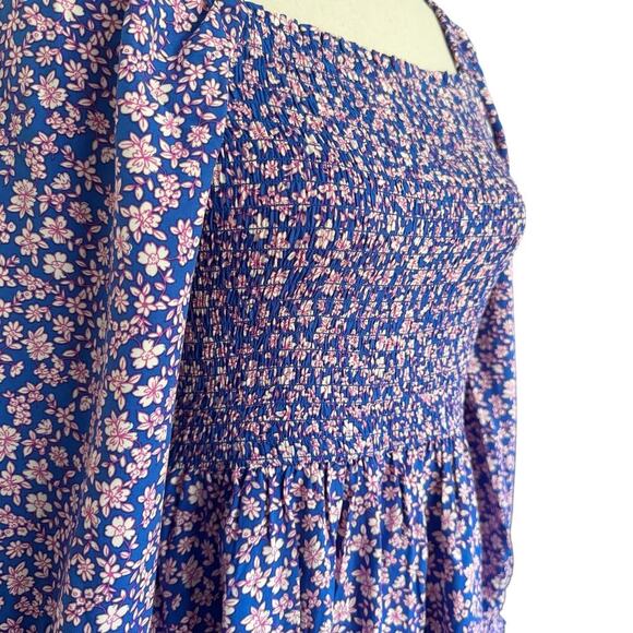 J Crew Dress Womens Small Blue Pink Floral Long Sleeve Smocked Maxi coquette - Picture 7 of 16